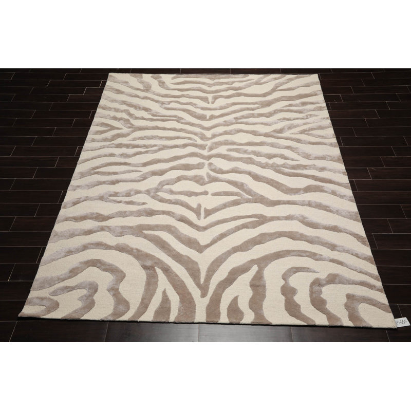 Tapis beige en laine / soie touffeté à la main à imprimé animal Prabhas, Rectangle de 10 pi x 14 pi