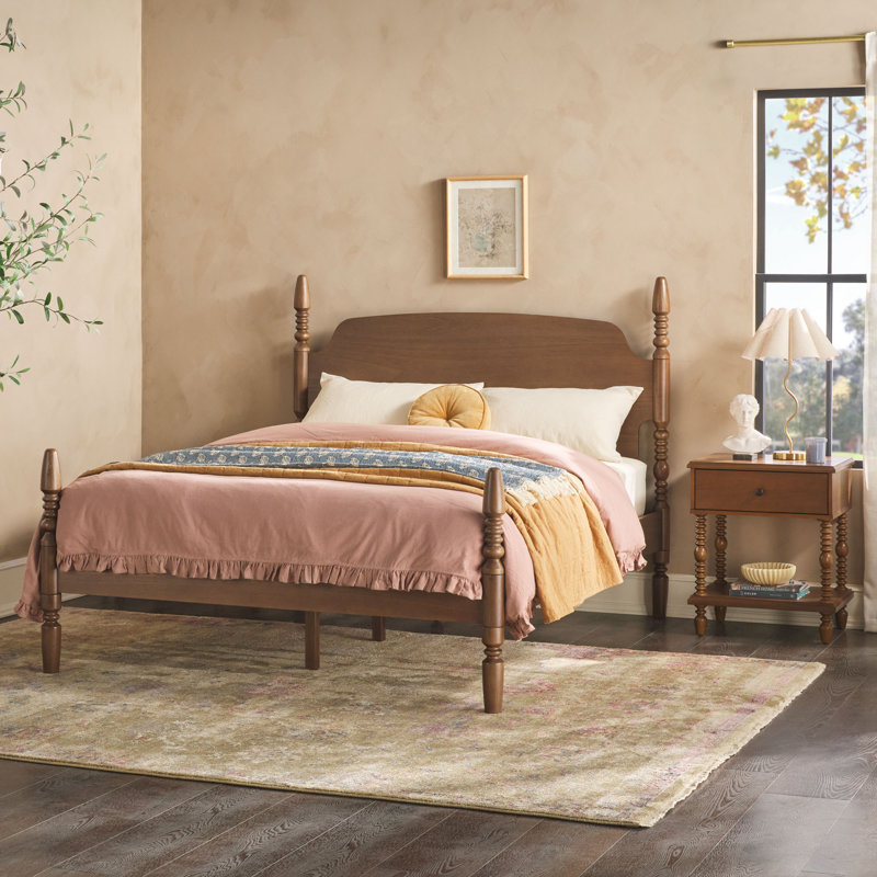 2-Piece Traditional Vivienne  Bed With Walker Edison Easy Assembly 1-Drawer Nightstand, Dark Brown, Queen