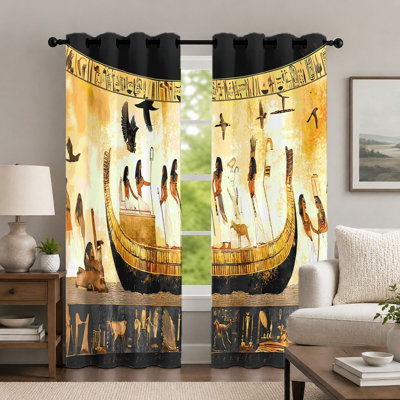2Pcs Egyptian Hieroglyphics Pattern Curtains, Ancient Culture Themed Window Drapes, Vintage Art Print Grommet Panels, Decorative Home Accents for Bedroom Living Room