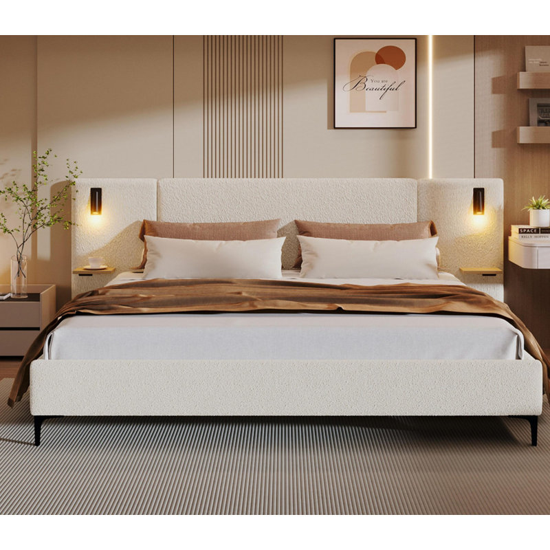 Lumières et tablettes intégrées, très grand lit tapissier Boucle, Blanc, Très grand lit