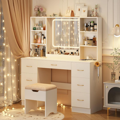 47"  Vanity Desk with LED Lighted Mirror,Drawers & Cabinets, Makeup Table with Power Outlet,  Adjustable Lighting Modes