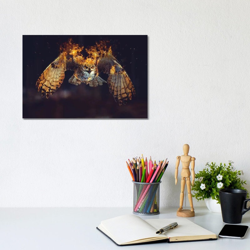 Owl On Fire by Paul Haag - Print on Canvas, 20.32 cm H x 30.48 cm W, Wrapped Canvas