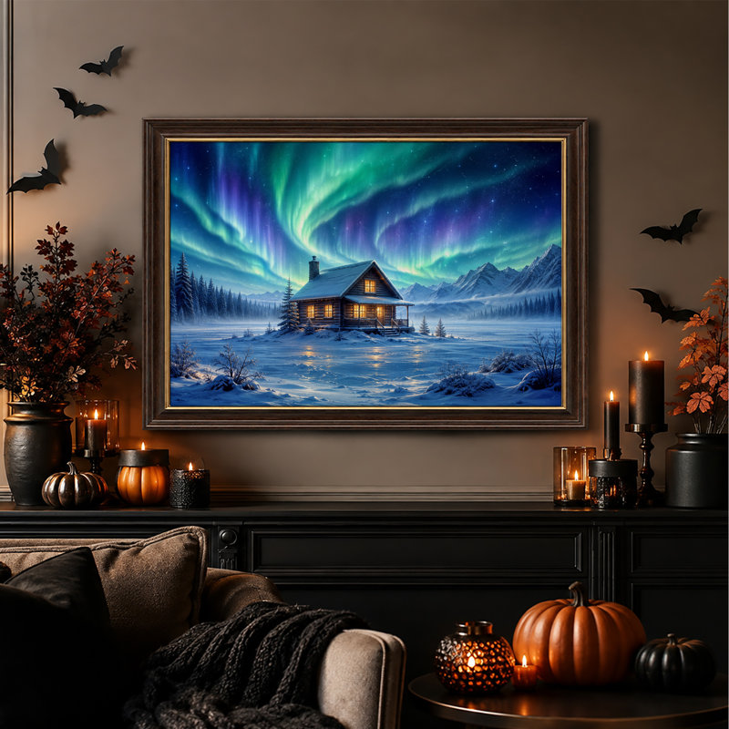 Cabane en bois rond illuminée sous une aurore boréale verte pour l'Halloween - Toile murale, H 16 po x l 24 po