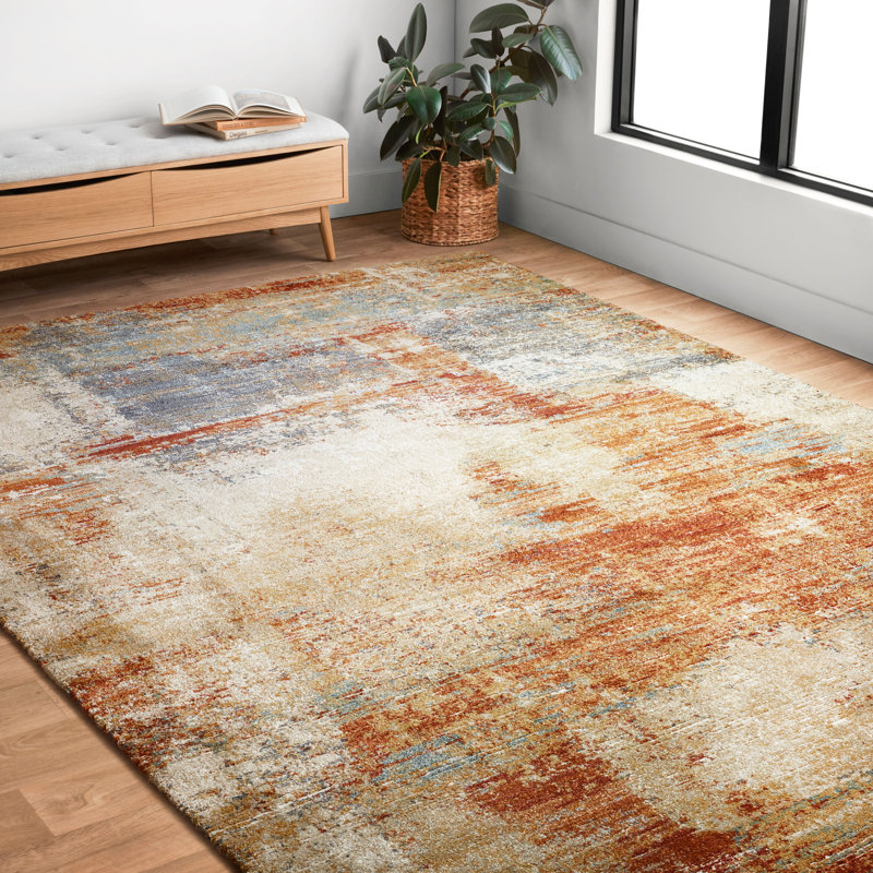 Tapis abstrait terre cuite / beige / bleu Tergel, Rectangle 3 pi 7 po x 5 pi 7 po