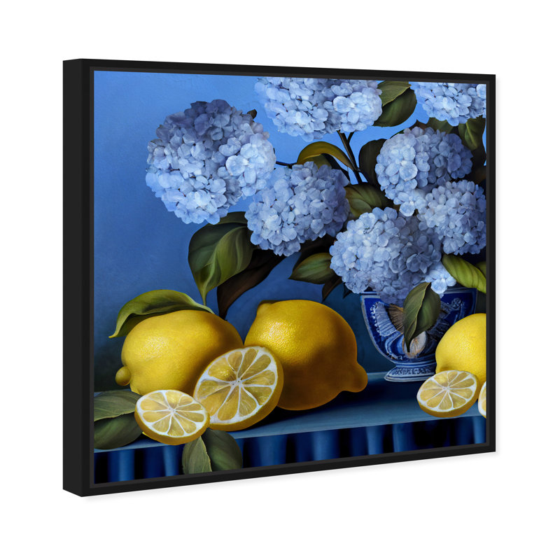 Vase hydrangées et citrons - impression, Impression encadrée, H 17 po x l 17 po, Noir