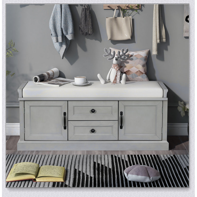 2-Drawer 2-Cabinet Storage Bench with Removable Cushion – Gray Wash Finish, Shoe Bench for Entryway/Hallway, Gray