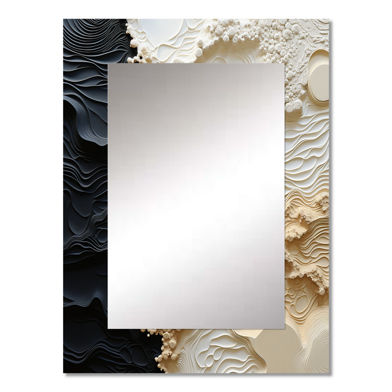 Abstract Cream And Black Liquid Paint - Coastal Wall Mirror, Cream Decorative Mirror, Printed Metal Art, 32" x 24"