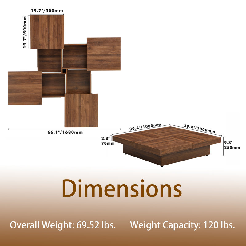 Walnut Square Wood Veneer Coffee Table Sliding Top With Storage