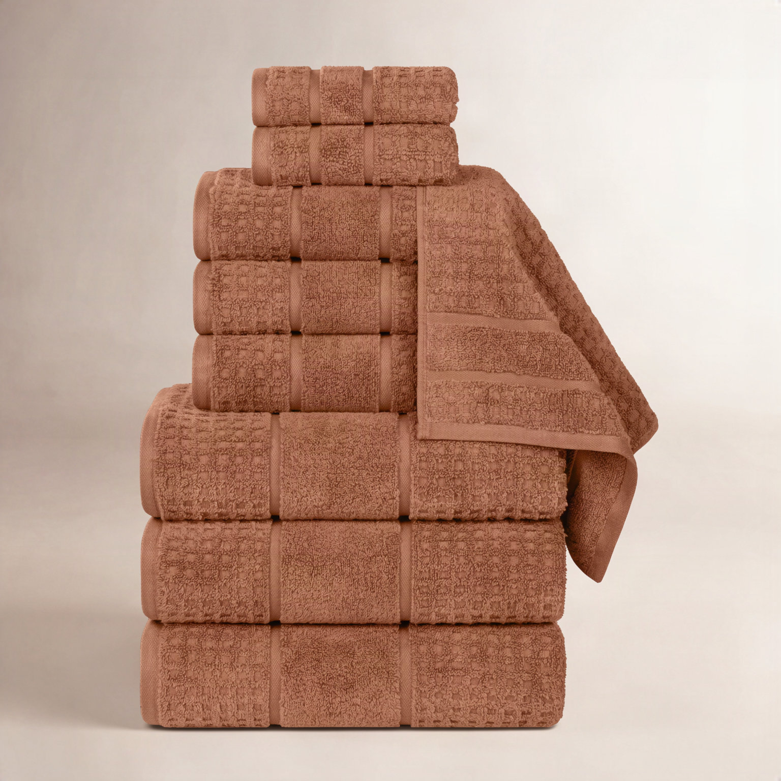 Hisela 3-Piece Waffle Cotton Towel Set, Rust, 9 Piece Towel Set