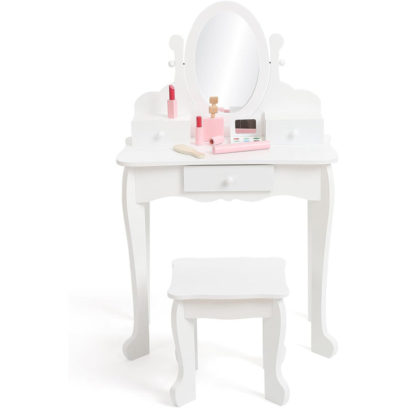 Ensemble de coiffeuse maquillage avec miroir et tabouret Table de maquillage en bois pour filles de 4 à 9 ans, Blanc