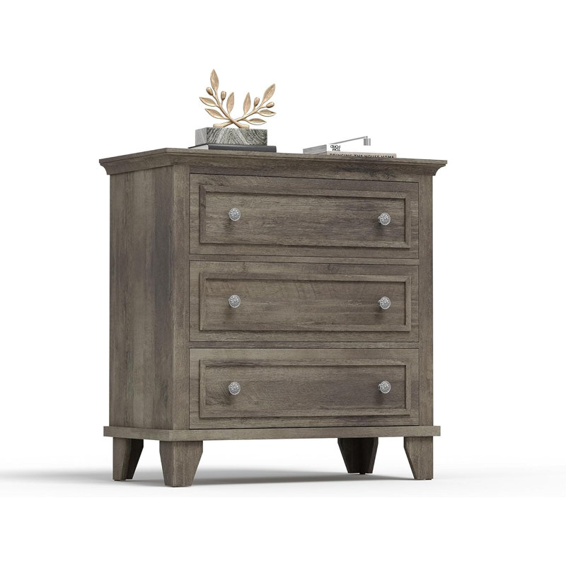 Grey 3-Drawer Dresser  Wide Nightstand, Vintage Handle, Wood, Living Room Friendly August Grove
