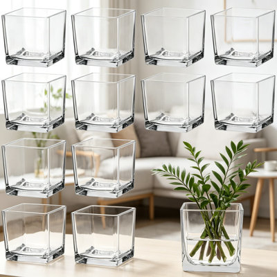 Paquet de 12 vases carrés en verre transparent, vases cubiques en vrac 3 x 3 x 3 pouces pour bougies flottantes, centres de table, décor de mariage et de maison, vase à fleurs avec couvercles en bambou et étiquettes