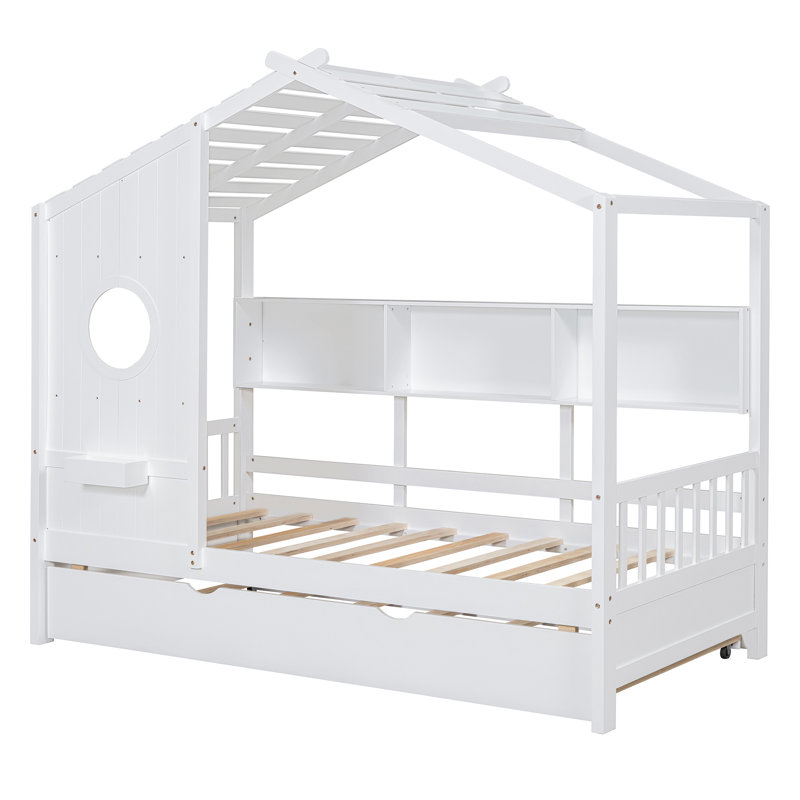 Lit simple en bois avec lit gigogne en bois, conception moderne pour enfants avec tablette de rangement, blanc, Blanc, Twin