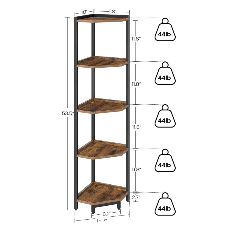 Corner Shelf Stand, Corner Bookshelf, Storage Standing Shelf Unit with Metal Frame, Plant Stand, Bookcase for Living Room, Home Office, Bedroom, 5-Tier Rustic Brown