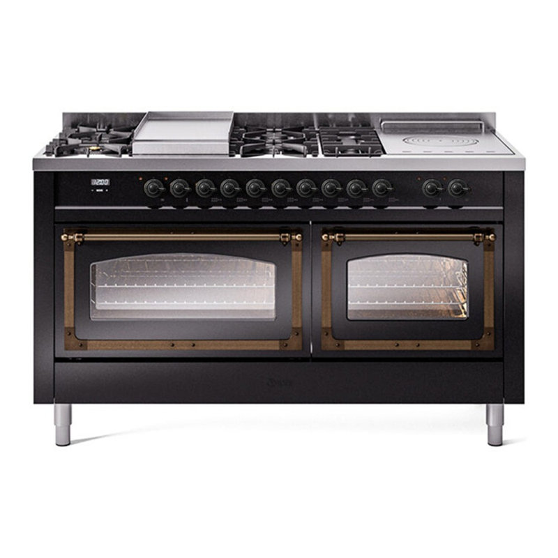 ILVE Nostalgie II Noblesse 60 in Dual Fuel Range 7 Burner, Griddle, Frenchtop, Glossy Black/Burnished, Natural Gas