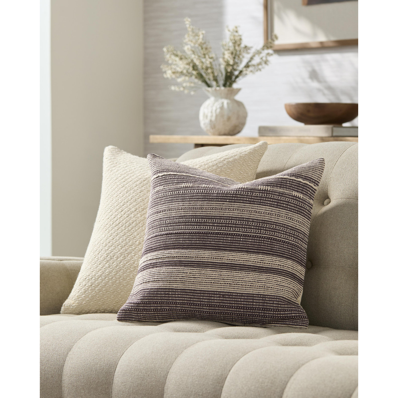 Dalton Cotton Pillow Cover, Tan/Beige/Brown, Square 18", Down Blend