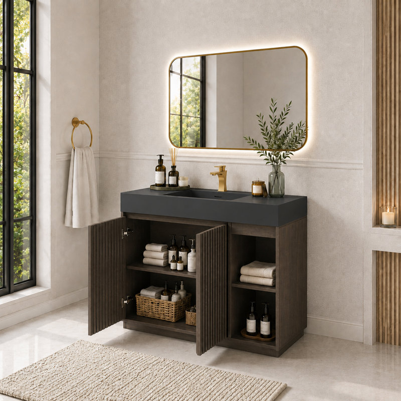 Meuble-lavabo autoportant de 122 cm (48 po) avec lavabo monobloc en surface solide, armoire de rangement spacieuse, fermeture amortie et design moderne