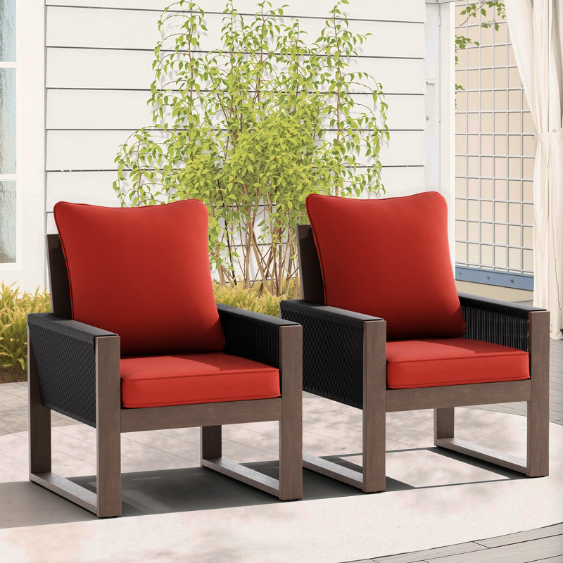 Chaises en bois et osier avec coussins, Rouge