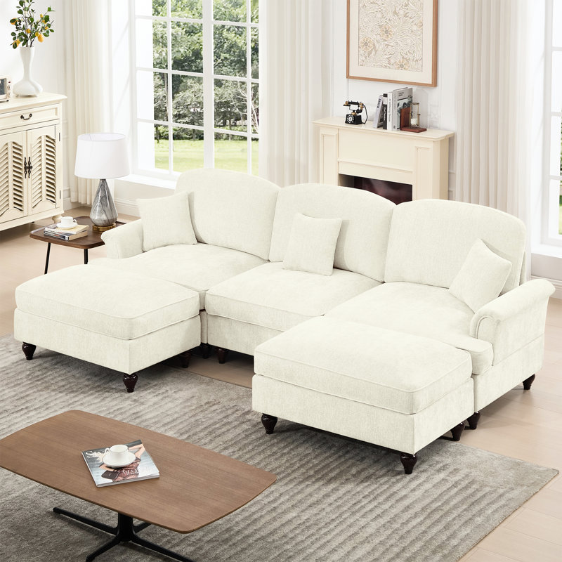 Chenille, canapé modulaire en U à 3 places, dossier rembourré incurvé, pieds fuselés, jupes de plis à volants amovibles, soutien doux, divers agencements blanc beige, confortable, tissu chenille avec fils argentés,