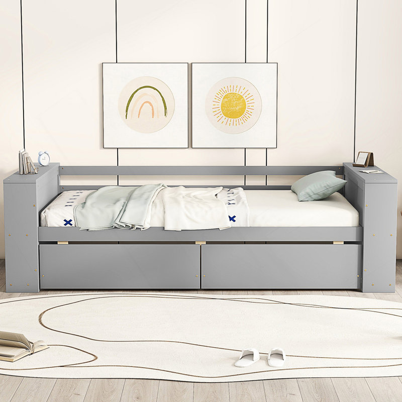 Lit de jour simple avec tablettes et tiroirs, Gris