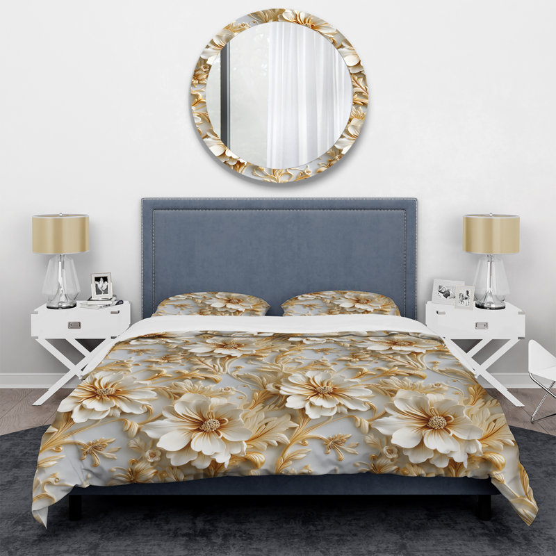 Gold And White Royal Flower Garden Serenity I - Ensemble de housse de couette damassé