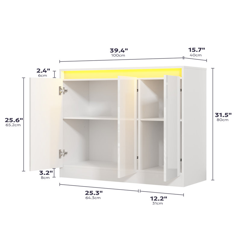 High Gloss Buffet Cabinet With Led Lights, Modern Sideboard Coffee Bar With 3 Doors, Handless Modern Sideboard Storage Cabinet For Living Room, Entryway, White