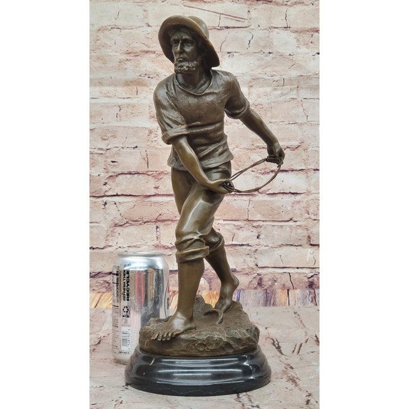 Pêcheur en bronze avec filet - Sculpture à thème nautique sur base en marbre