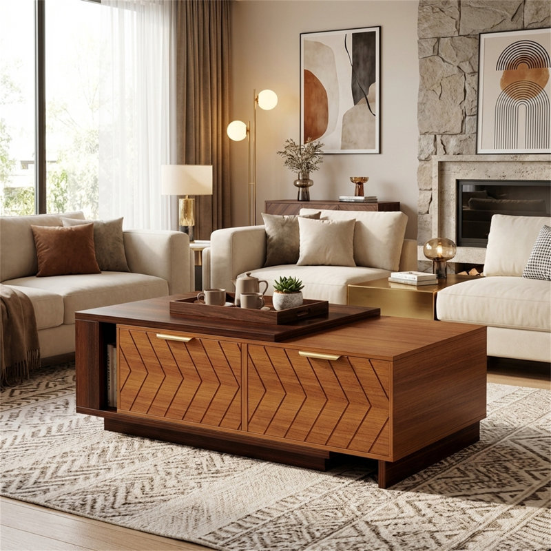 Expandable Storage Coffee Table, Drop-Leaf Design with Drawers & Open Shelf, Walnut