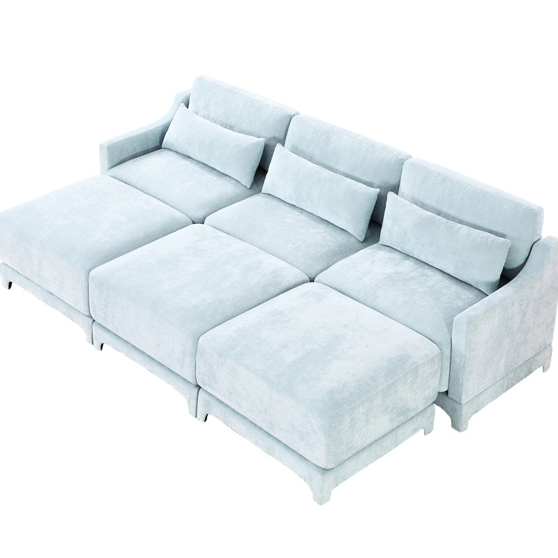 Chenille bleu ciel à trois places avec repose-pieds assortis, conception ergonomique, base en bois, placement flexible, soutien lombaire d'apparence exquise 3, sièges confortables en bois sur mesure, convenant à