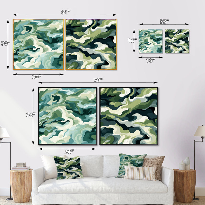 Zen Retreat Serene Camouflage - Ensemble de 2 collages carrés abstraits, Cadre flottant noir, H 16 po x l 33 po