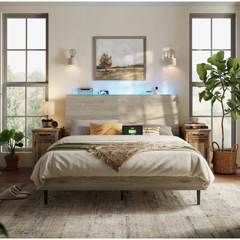 3-Piece Farmhouse Bedroom Set, Queen Bed Frame & 2 Nightstands With Charging Ports, Queen, White