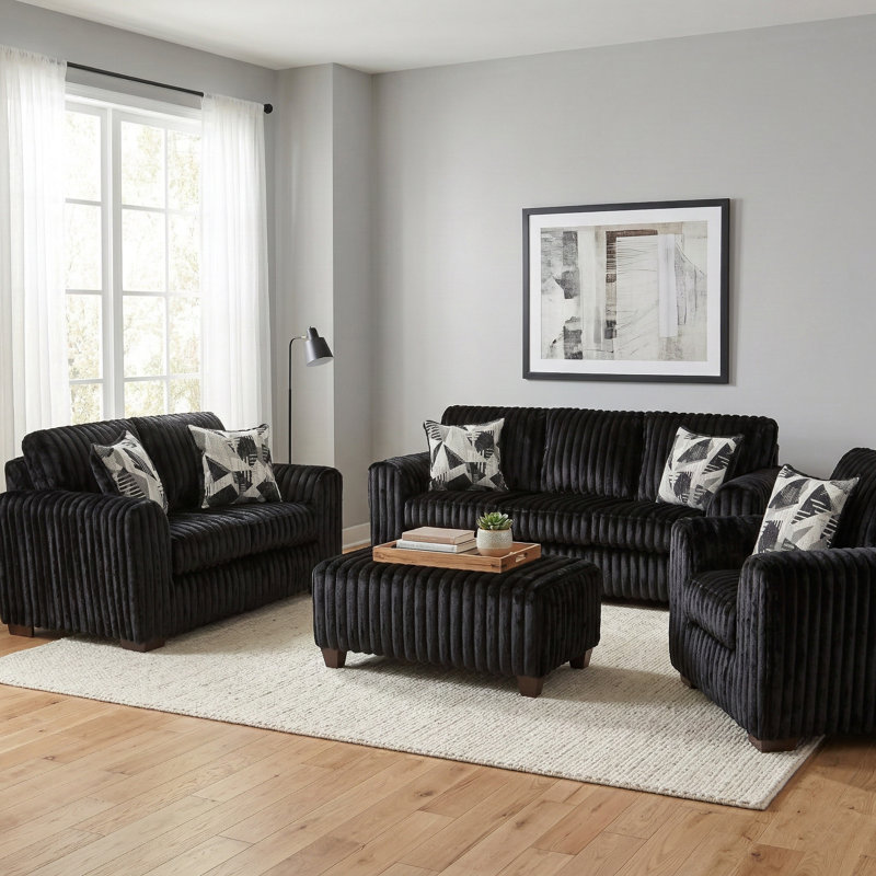 Collection salon, canapé, causeuse et pouf, noir profond, 4 pièces: 1 canapé, 1 causeuse, 1 fauteuil, 1 re