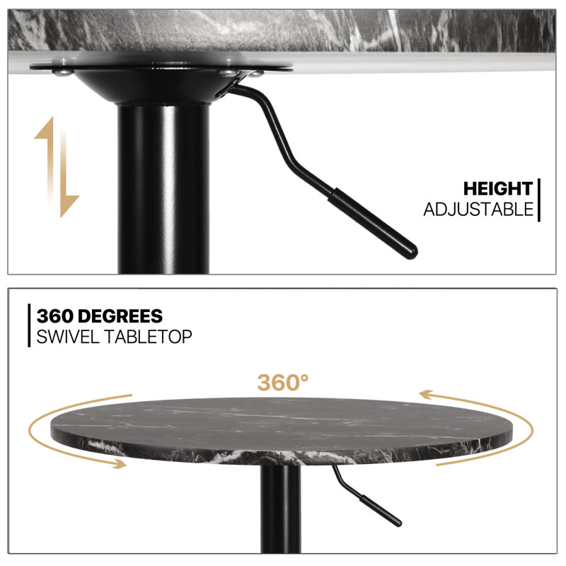 Moaid 3 Piece Height-adjustable Pub Table and Leathered Pedestal Bar Stool Dining Set, Black, Black Rock