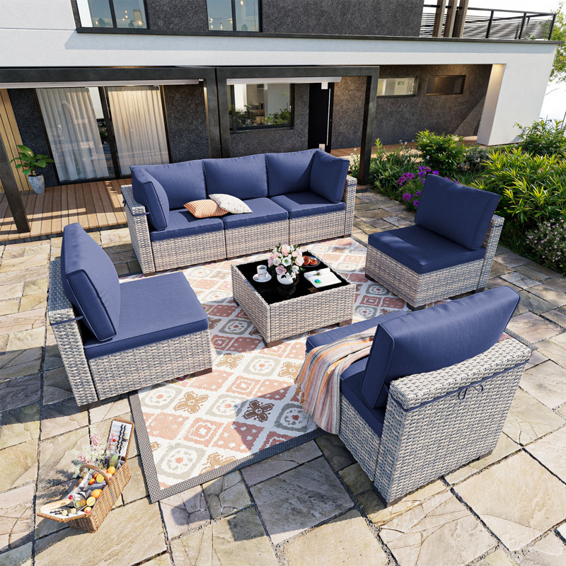 7-Piece Patio Furniture Set, Outdoor Patio Furniture with Thick Cushions, Modular Patio Sofa, Dual-Strand Wicker Rattan, Rust-Resistant Frame, Backyard Furniture for Garden, Deck
