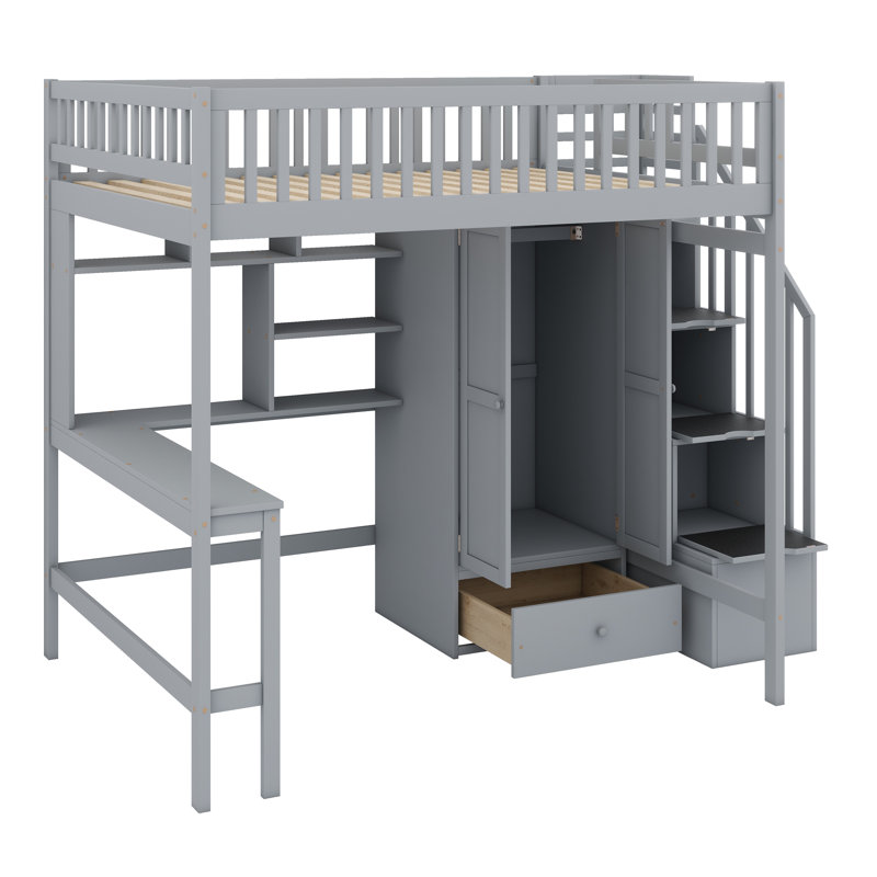 Loft Bed With Bookshelf,Drawers,Desk,And Wardrobe, Gray