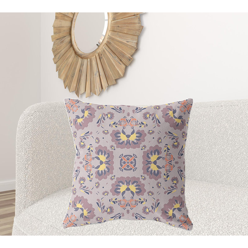 Coussin décoratif 28 po x 28 po Broadcloth Floral, Mauve discret / floral jaune