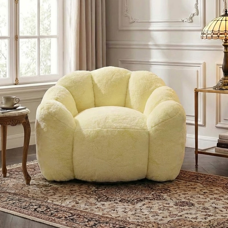 Modern Lotus-Inspired Plush Bean Bag Chair with Pull Ring, No-Assembly Lounge Seat for  Bedroom, Living Room, Dorm, Yellow