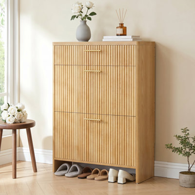 20-Pair Flip Down Shoe Storage Cabinet With Adjustable Shelves, Fluted Panel Wooden Shoe Rack Organizer, Anti-Tip Kit