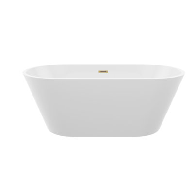 59" Acrylic Freestanding Bathtub, Stand Alone Soaking Tub, Gloss White Finish, Gold Overflow & Pop-Up Drain