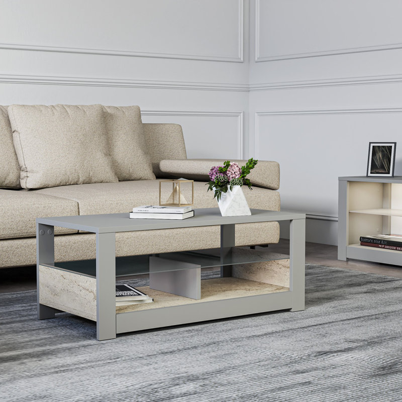 Modern Coffee Table with Wall-Mount Option, Grey & Travertine Color, 35.4 x 14.6 x 14.6 inches | 100% Melamine Coated Particle Board, Thickness: 0.7 inches | Numerous Shelves for Storage & Style, Elegant Design
