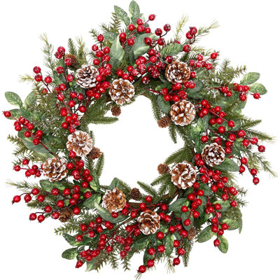 Couronne de Noël artificielle - vert / blanc / rouge - aiguilles de pin enneigées avec pommes de pin et baies rouges, décoration de Noël intérieure / extérieure