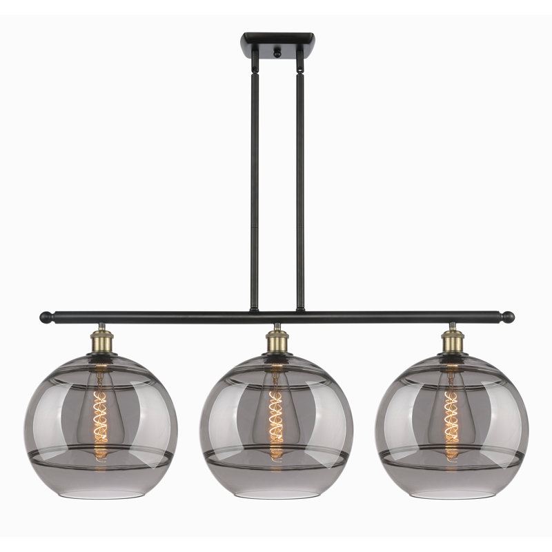 Luminaire suspendu pour îlot de cuisine à 3 lumières Chartoff, Gris fumée clair, Laiton antique noir