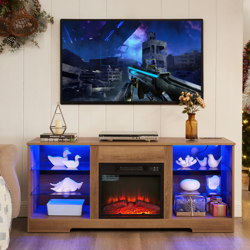 58''W Tv Stand With Electric Fireplace, 3D Flame, Adjustable Led Lights, , For 32 - 62" Tvs, Oak Charging Outlet, 32-62", Oak