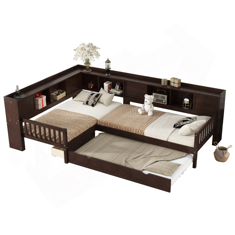 L-Shaped Platform Bed Twin Size With Trundle, Solid Wood Platform Bed With Storage Drawers And Shelves, No Spring Box Needed