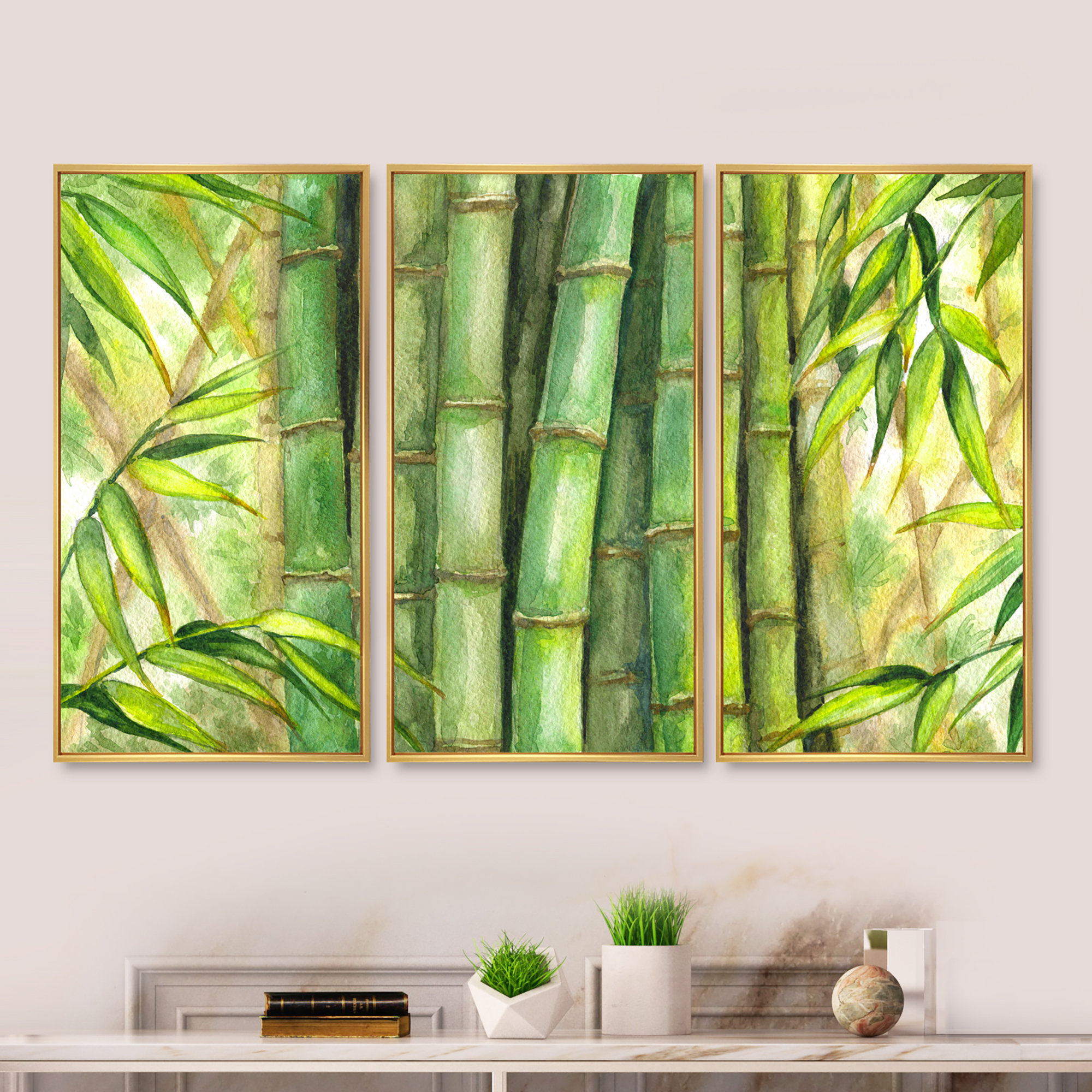 DesignArt Bright Green Bamboo Stems Transitional Framed Canvas Wall