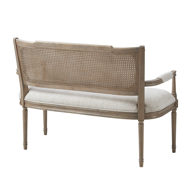 Beige Faux Leather Chesterfield Settee with Rattan Backrest