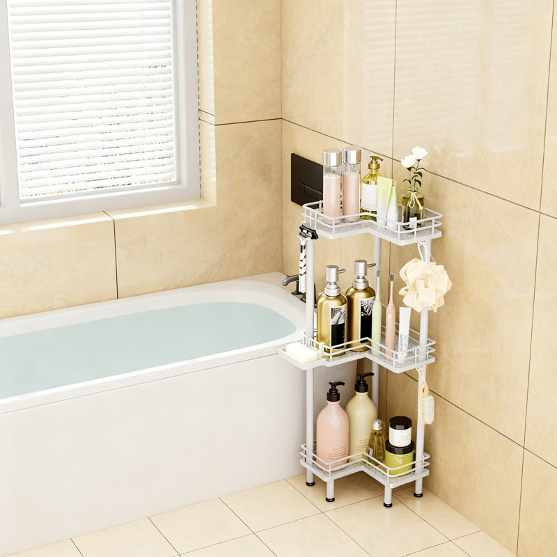Étagère de douche de coin debout, organisateur de douche avec porte-savon et 4 crochets, tablette d'angle de grande capacité pour salle de bain, 3 niveaux (argent)