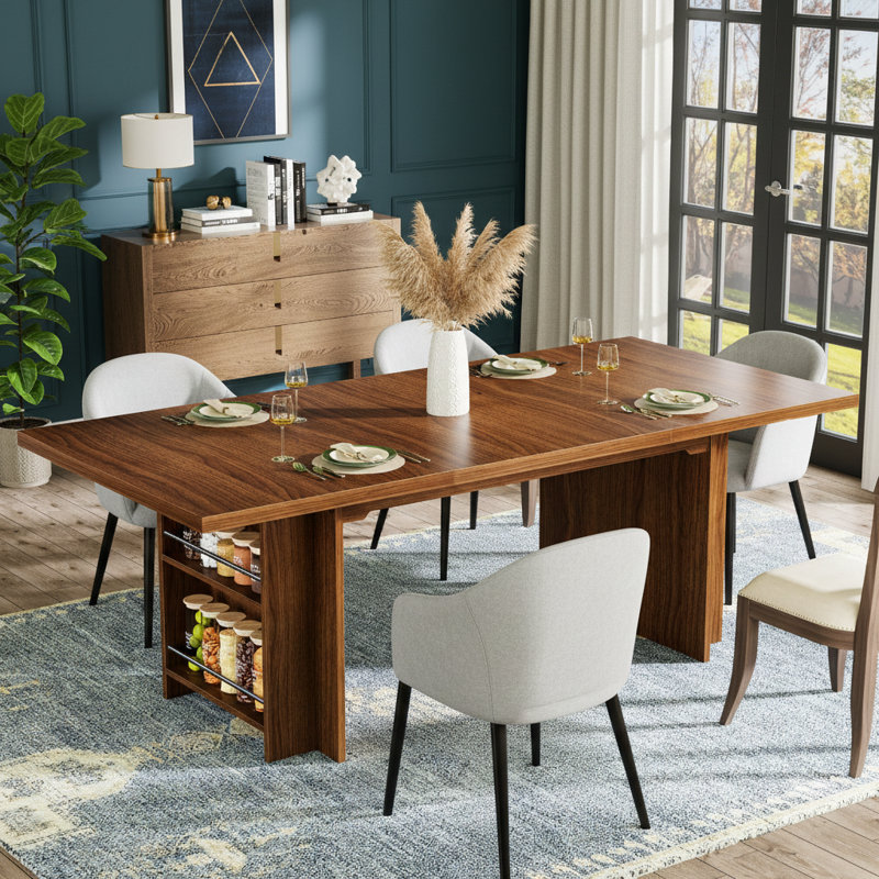 63" Farmhouse Dining Table Wooden Kitchen Table with Shelves for 6 to 8