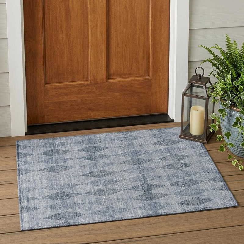 2' X 3' Denim Blue Geometric Washable Non Skid Indoor Outdoor Area Rug