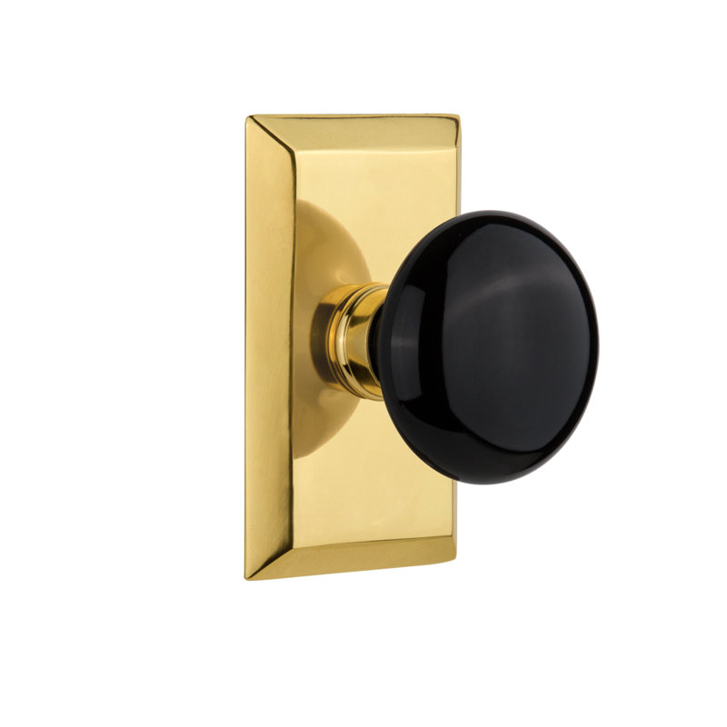 Studio Plate with Black Porcelain Door Knob, 2.75”, Polished Brass